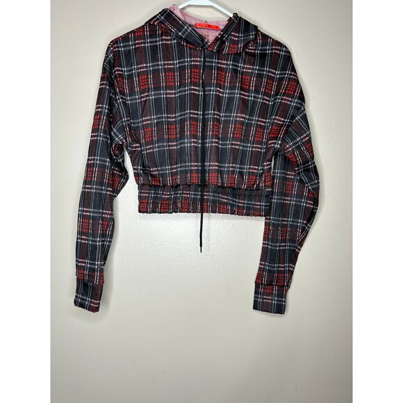 Women’s Medium Roma Concepts Black Red Plaid Cropped Hoodie Elastic Waist - Picture 1 of 4